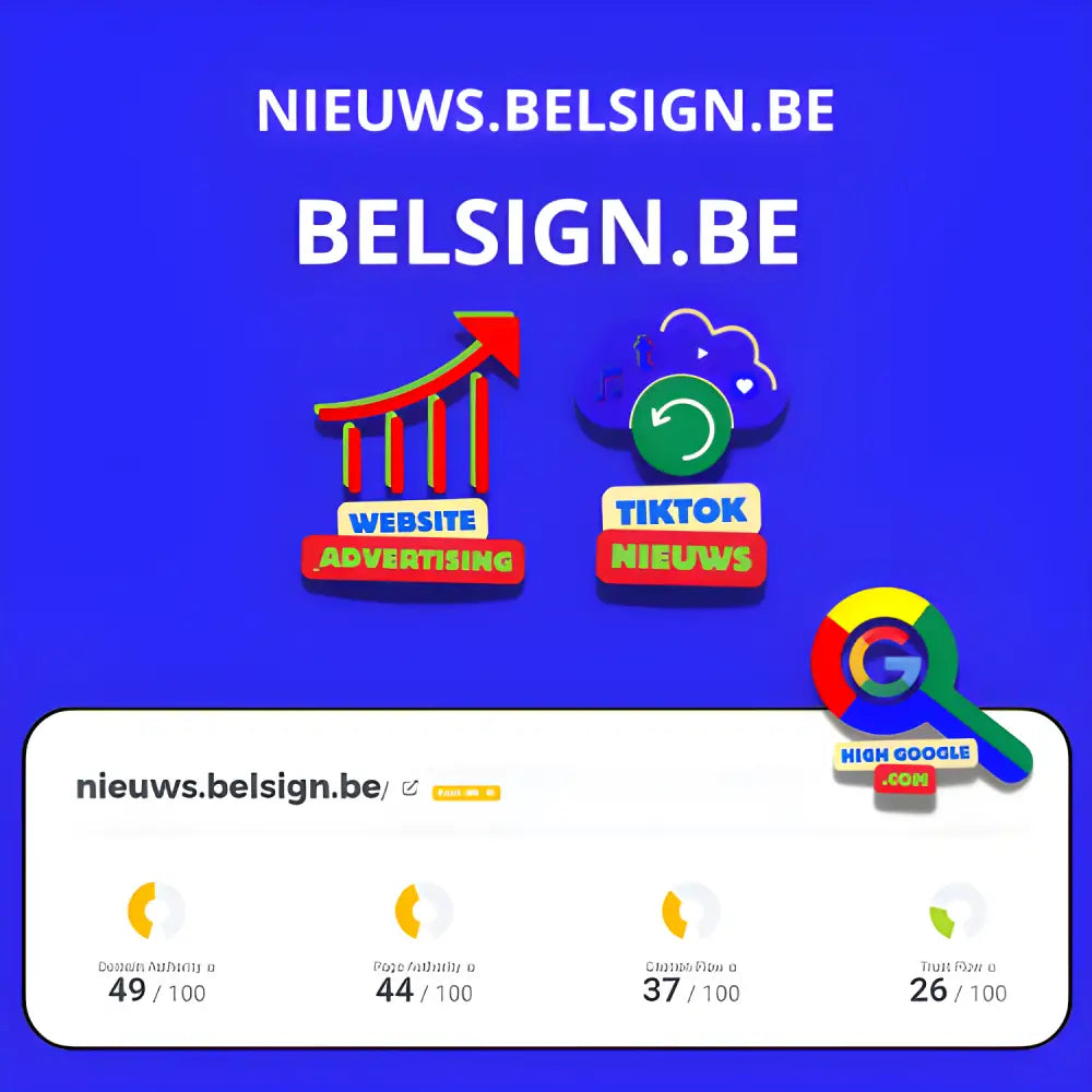 Website performance dashboard van Nieuws Belsign met scores en Google metrics