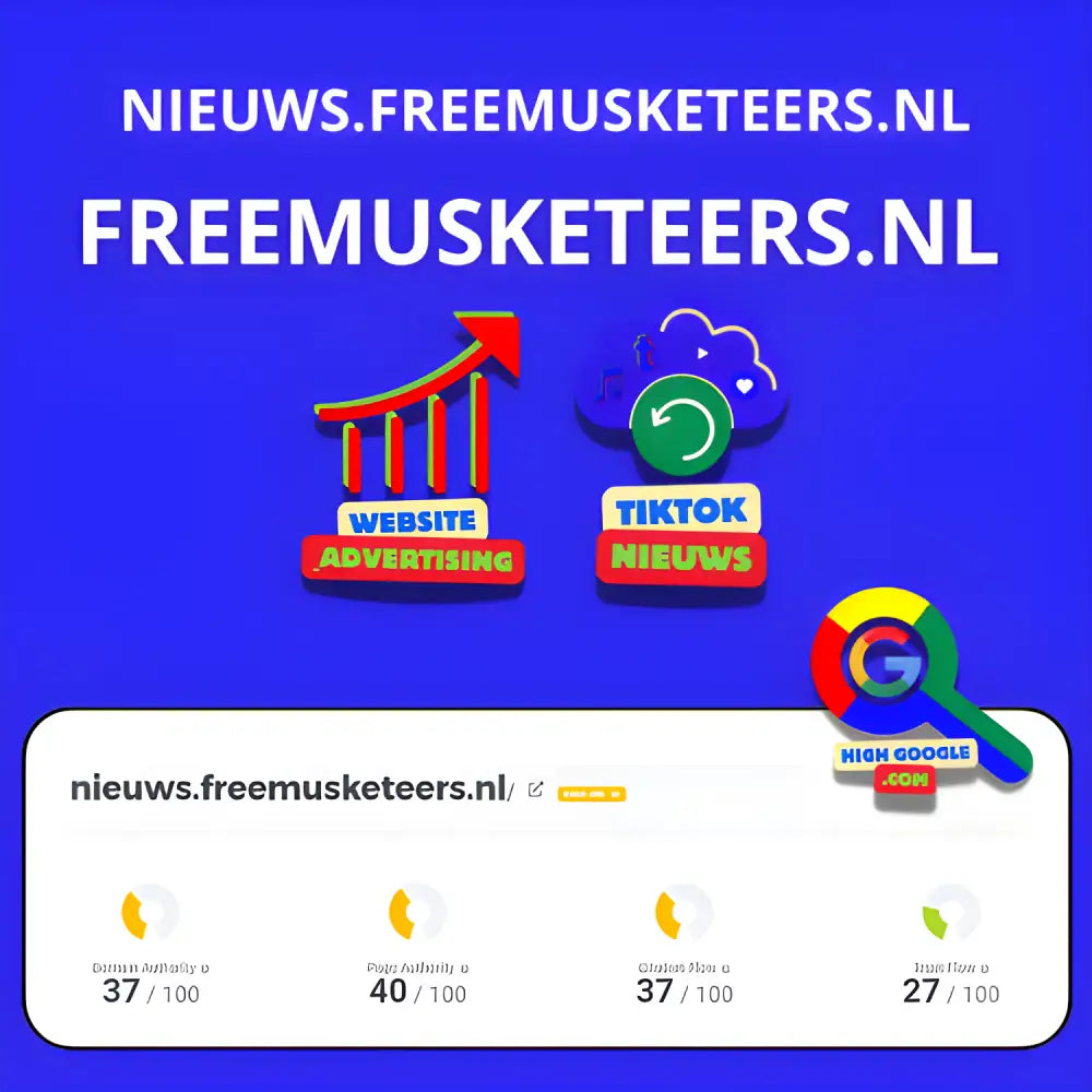 Website analytics dashboard van Freemusketeers.nl met TikTok en advertentie-iconen