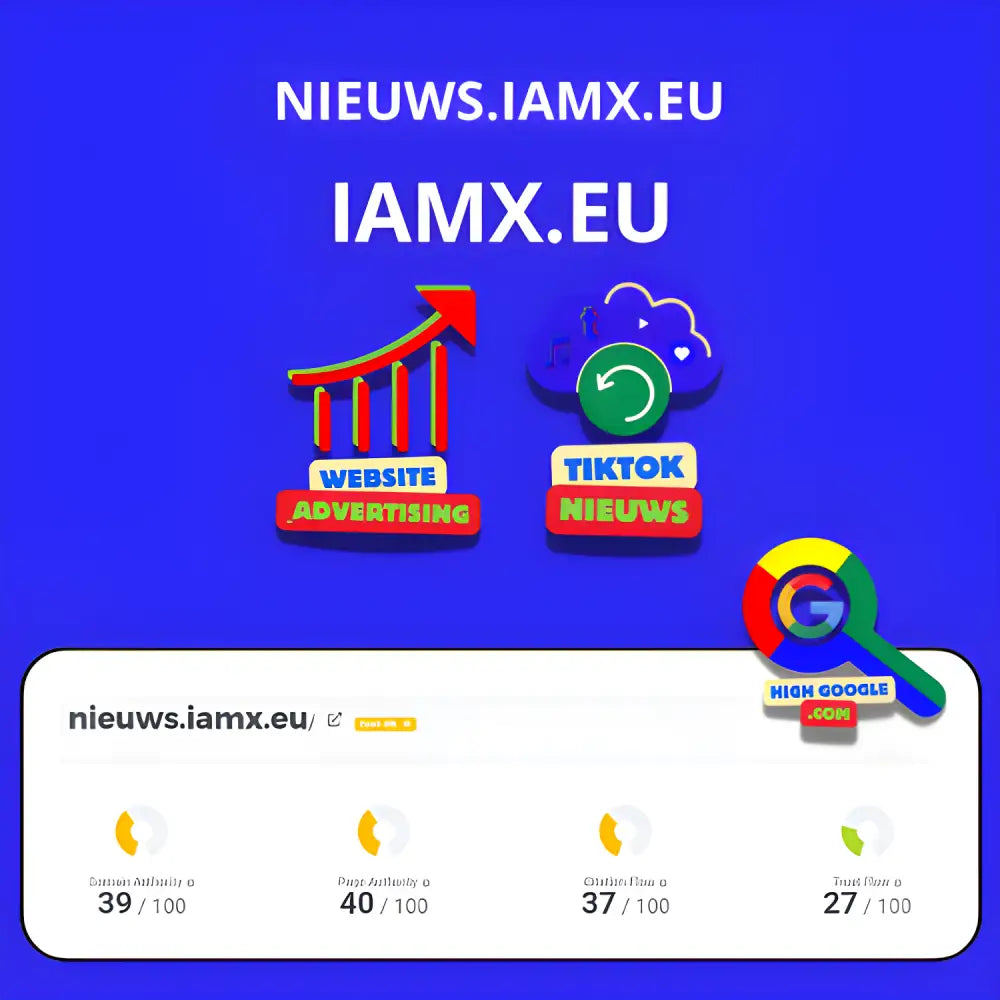 Een website prestatie dashboard in Backlink iamx met scores van 27-40 en TikTok iconen