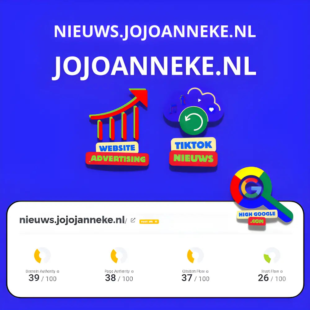 Website-prestatiescores van 26-39 met TikTok en advertentie-iconen op Backlink Jojoanneke