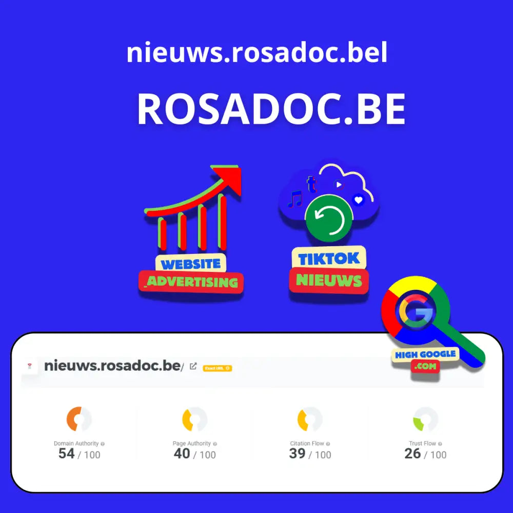 Website analytics dashboard van Backlink Rosadoc met prestatiemetingen en iconen