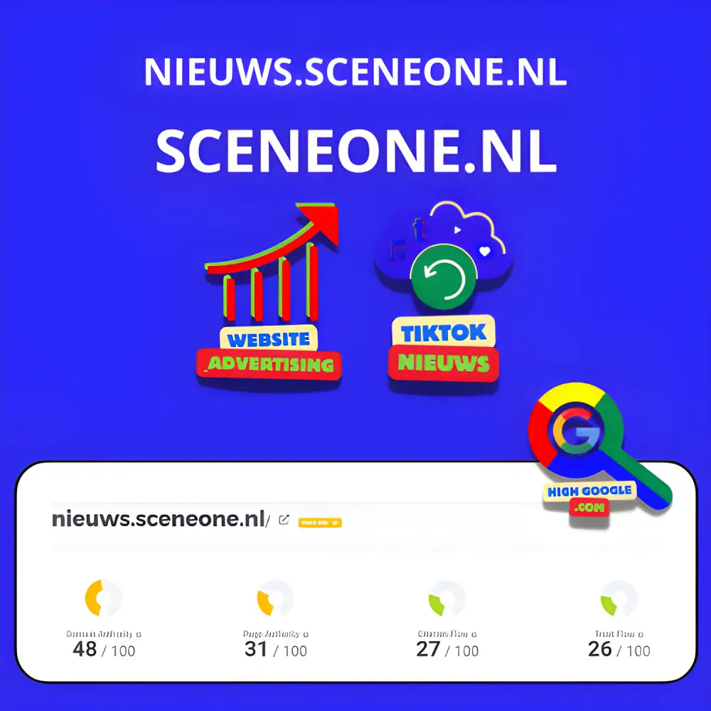 Website prestatiedashboard van nieuws.sceneone.nl met TikTok en advertentie-iconen