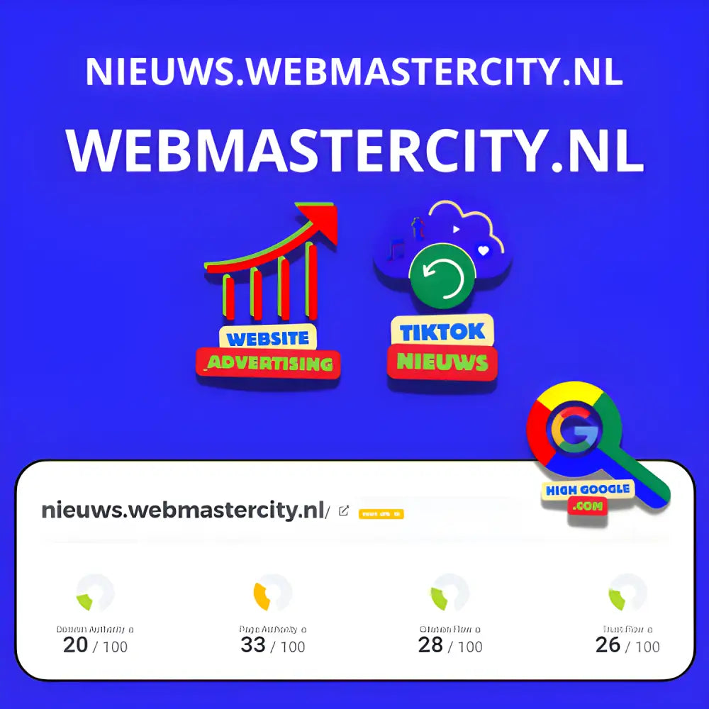 Logo van nieuws.webmastercity.nl met TikTok nieuws en advertentie-iconen