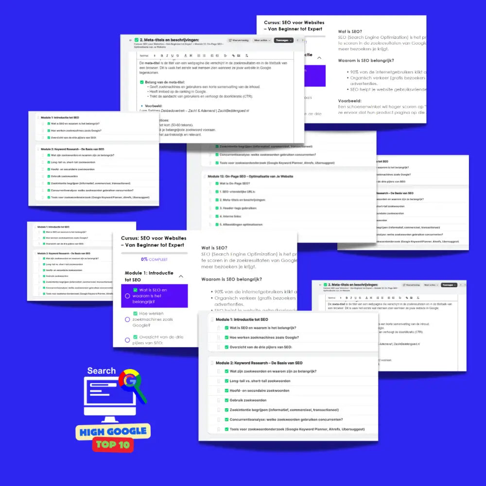 Collectie SEO-checklists en documentatie voor de High Google Cursus op blauwe achtergrond