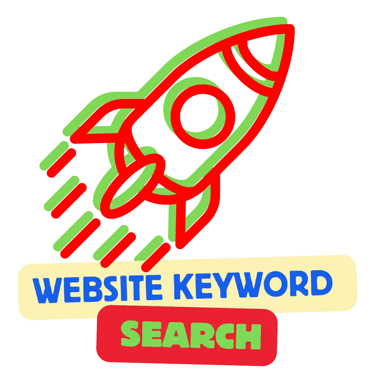 Rode en groene omranding raketpictogram boven tekst die leest 'WEBSITE KEYWORD SEARCH'