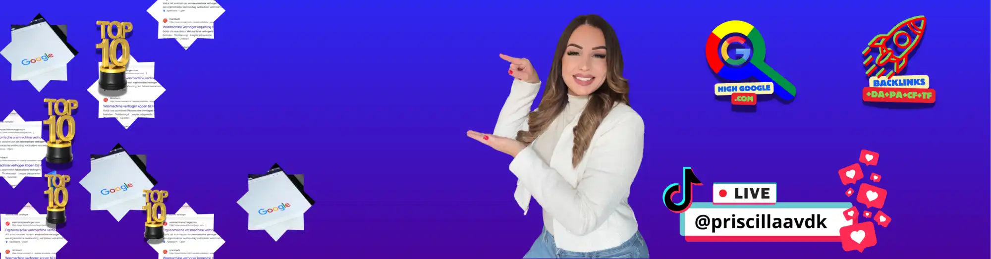 Een vrouw met lichtbruin haar die een witte top en blauwe jeans draagt, gebaren makend met haar handen.